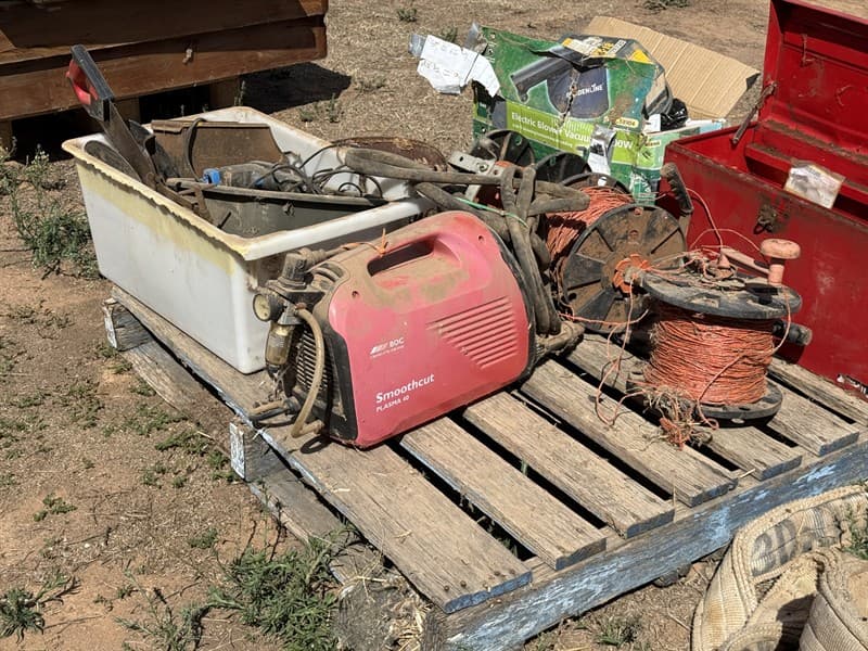 PALLET OF WORKSHOP SUNDRIES. Including Plasma cutter in non working condition. Including 3 x electric fence energizers.