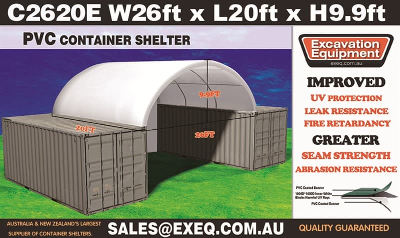 Unused Heavy Duty 20ft Container Shelter With End Wall, Model: C2620E - 26ft Wide, 20ft long x 26ft wide x 9ft 9in high, Heavy duty PVC fabr…