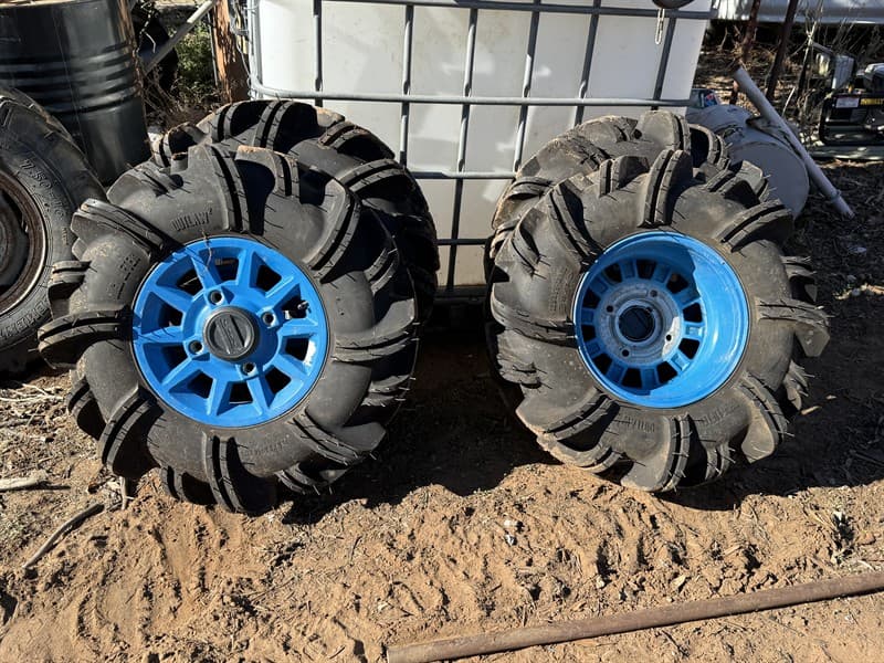 4 X POLARIS RZR TYRES AND RIMS. 29.5x9.5-14. Tread at 95%. Supplied with spacer plates to suit conventional vehicles as well. Located Quambo…