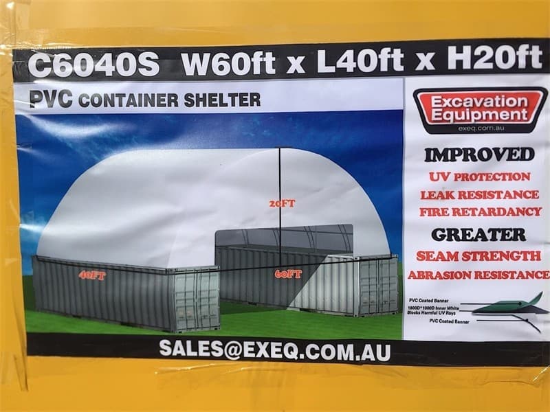 Unused Heavy Duty 60ft x 40ft Container Shelter, Model C604020S, 60ft Wide x 40ft Long x 20ft high, Double trussed frame & tarp, Heavy duty …