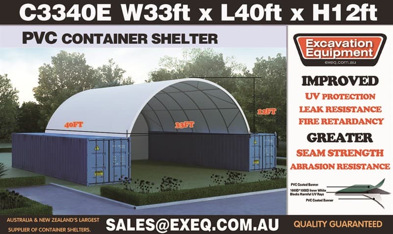 Unused Heavy duty 40ft Container Shelter with End Wall, Model: C3340E, 40ft long x 33ft wide x12ft high, Heavy duty PVC fabric, galvanised t…