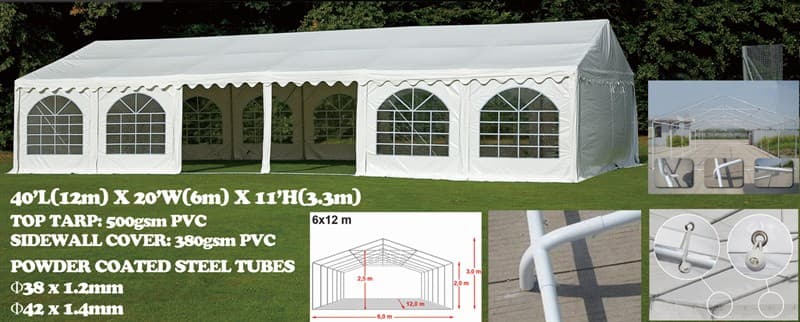 Unused 20ft x 40ft Marquee / Party Tent,, Model: P2040, Heavy Duty Roof & Side walls Powder Coated Steel Tubing, Overall height: 3m, Shippin…