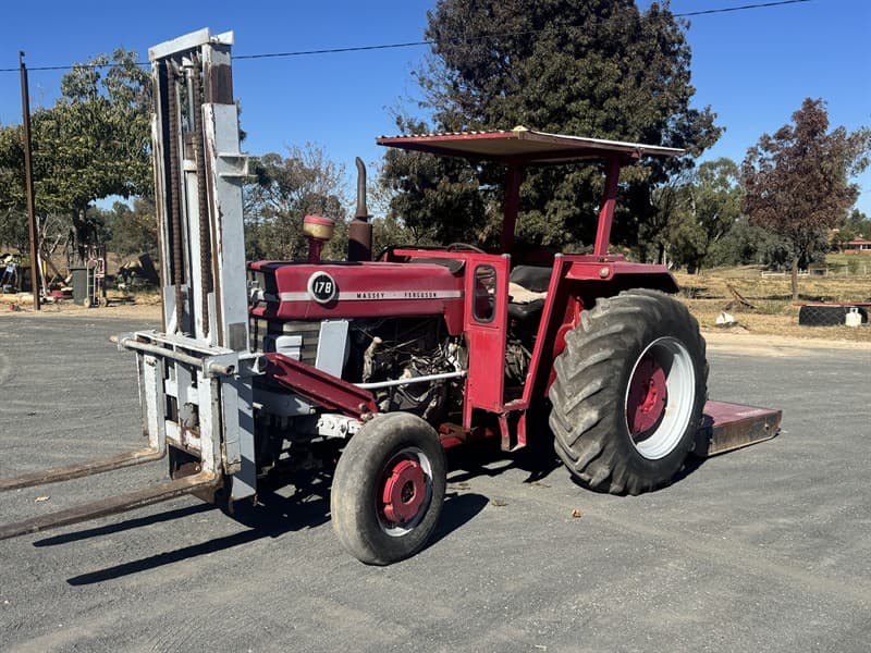 MASSEY FERGUSON 178. 5ft Silvan slasher and fork lift attachment included. Good tyres, working tractor. Located Maryvale, NSW (Geurie)