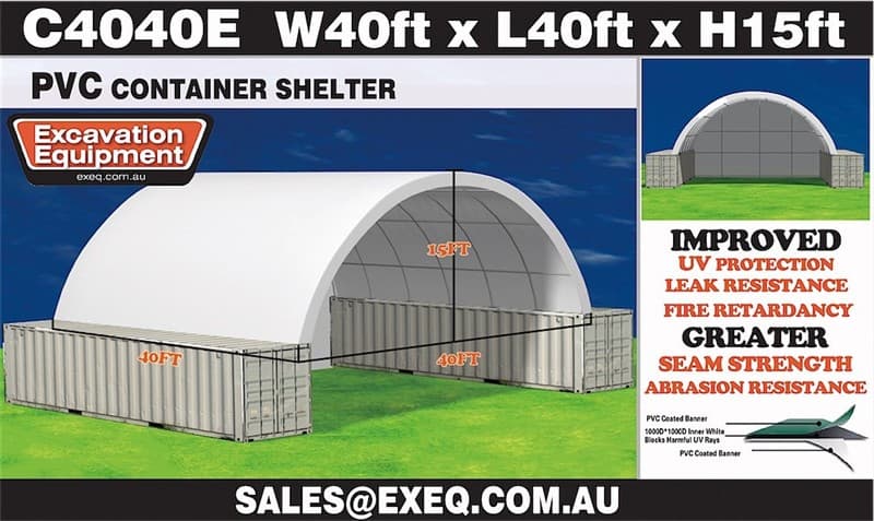 Unused Heavy duty 40ft Container Shelter with End wall, Model: C4040E, 40ft wide x 40ft long x 15ft High, Heavy duty PVC fabric, galvanised …
