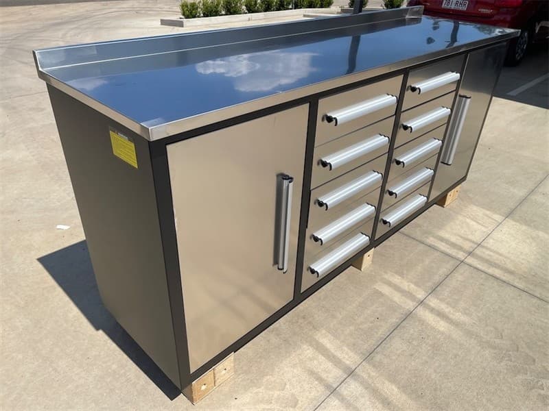 Unused 10 Drawer Stainless Steel Work Bench, Model: 7ft10D-SS, 3 Part Sliding Drawer System, Approximate Shipping Dimensions: 2230mm L x 600…