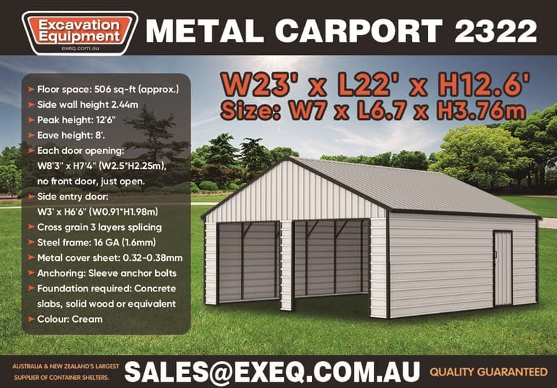 Unused 23ft x 22ft Garage / Carport, Model: 2322, 23ft Wide x 22ft Long, Colour: Cream with Black Trim, 2 x Large End Openings (No Doors) , …