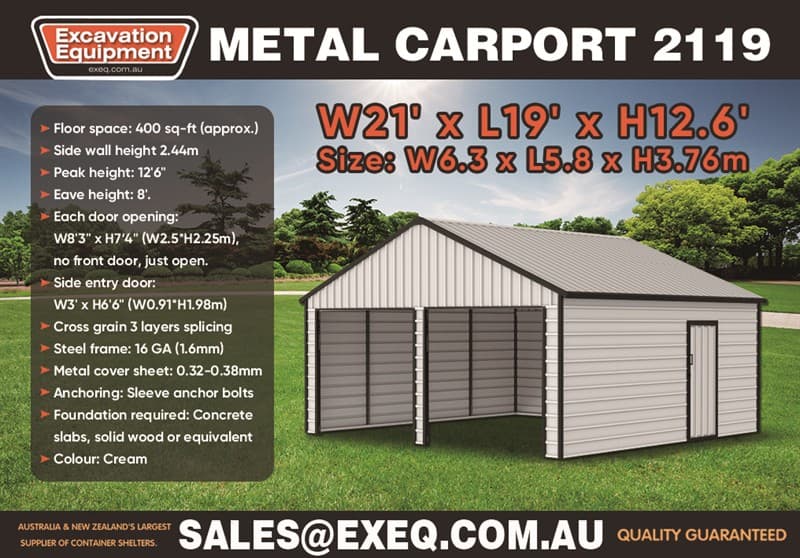 Unused 21ft x 19ft Garage / Carport, Model: 2119, 21ft Wide x 19ft Long, Colour: Cream with Black Trim, 2 x Large End Openings (No Doors) 1 …