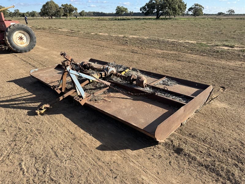 Custom-made 3PL 12ft PTO slasher, dual rotors, heavy-duty machine, no guards fitted or supplied on cross drive shafts. Located Hay, NSW.