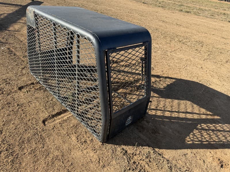 Custom-made dog crate, fits 79 Series Landcruiser, open construction with roof, hammer tone paint, gas struts on doors, centre divider (not …