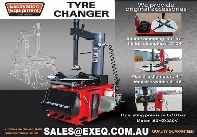 Unused Tyre Changer, outside clamping : 10"-20", inside clamping: 12"-24", Make Tyre diameter: 41", 8-10 bar, 220V, Approximate Shipping Dim…
