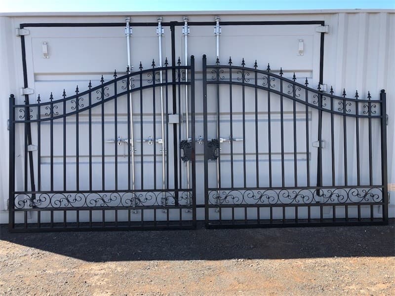 Set of 2 x 8ft Unused Wrought Iron Style Gates, Each gate is 8ft wide, Height at High Side: 2.3m, Height at Low Side: 1.8m, Made from Galvan…