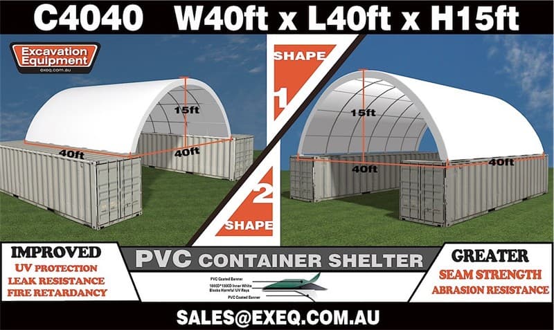 Unused Heavy duty 40ft Container Shelter, Model: C4040, 40ft wide x 40ft long x 15ft High, Heavy duty PVC fabric, galvanised tube frame, App…