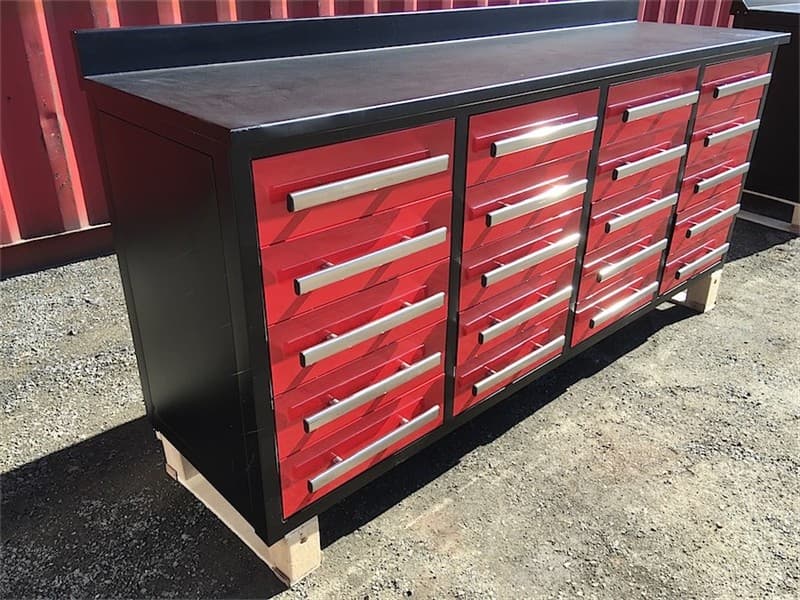 Unused Workshop bench, with 20 drawers, 50Kgs capacity per drawer, Approximate Shipping Dimensions: 2200mm L x 630mm W x 1000mm H, Approxima…