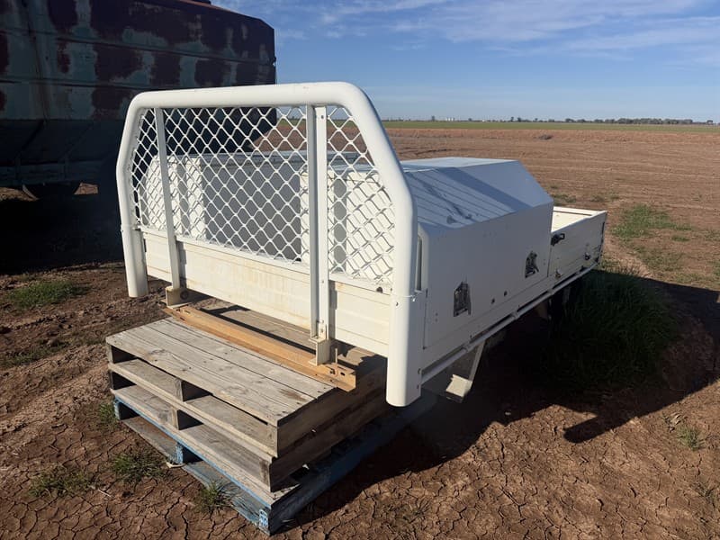 ALUMIMIUM TRAY with 2 x tool boxes, believed to be removed from a ford ranger utility. Located Darlington Point, NSW.