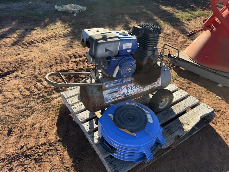 PEERLESS AIR COMPRESSOR 340 Litre, LIFAN 6.5hp petrol motor fitted new and little use since. Retractable hose reel included. Being in storag…