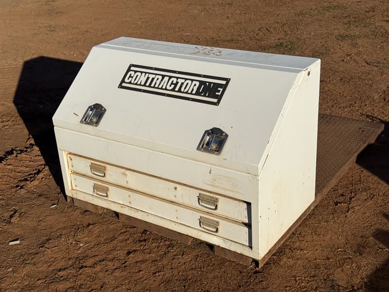 CONTRACTOR ONE TOOLBOX. 2 x slide draws, 2 x shelves, gas strut doors. Mounted on tray skid with fork pockets. Located West Wyalong, NSW.