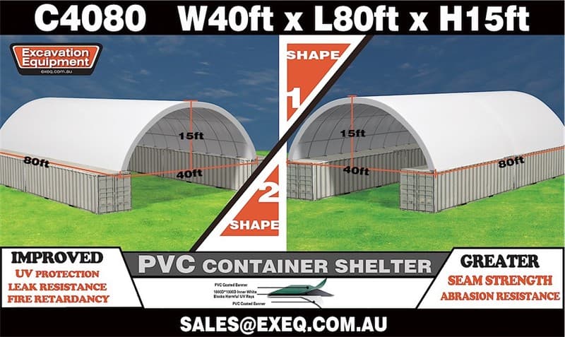 Unused Heavy duty 40ft x 80ft Container Shelter, 40ft wide x 80ft long x 15ft high, Model: C4080, Heavy duty PVC fabric, galvanized tube fra…