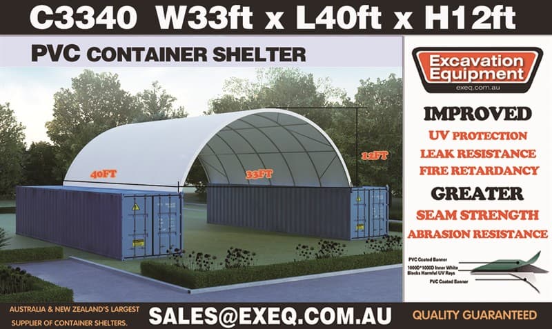 Unused Heavy duty 40ft Container Shelter, No End Wall, Model: C3340, 40ft long x 33ft wide x 12ft high, Heavy duty PVC fabric, galvanised tu…