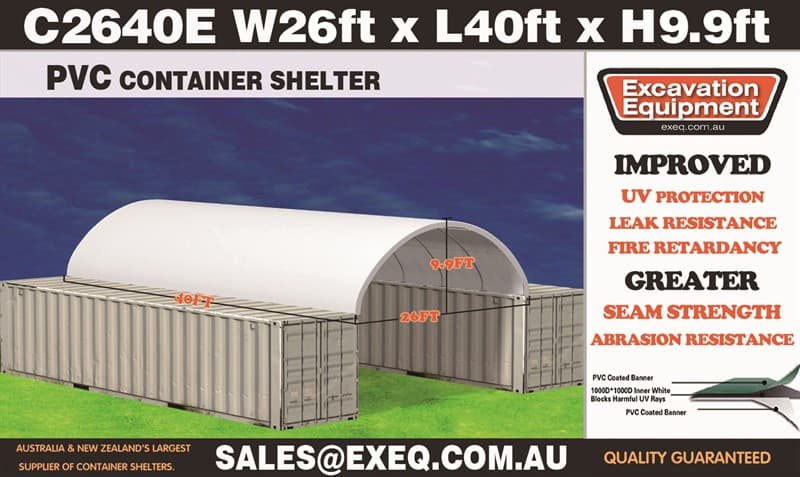 Unused Heavy duty 40ft Container Shelter with End Wall, Model: C2640E, with End wall, 40ft long x 26ft wide x 9ft 9in high, Heavy duty PVC f…