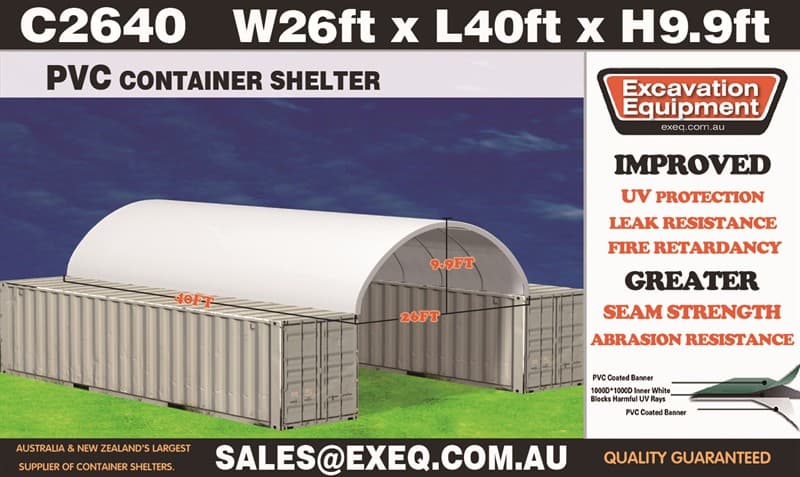 Unused Heavy duty 40ft Container Shelter, Model: C2640, 40ft long x 26ft wide x 9ft 9in high, No end wall, Heavy duty PVC fabric, galvanised…
