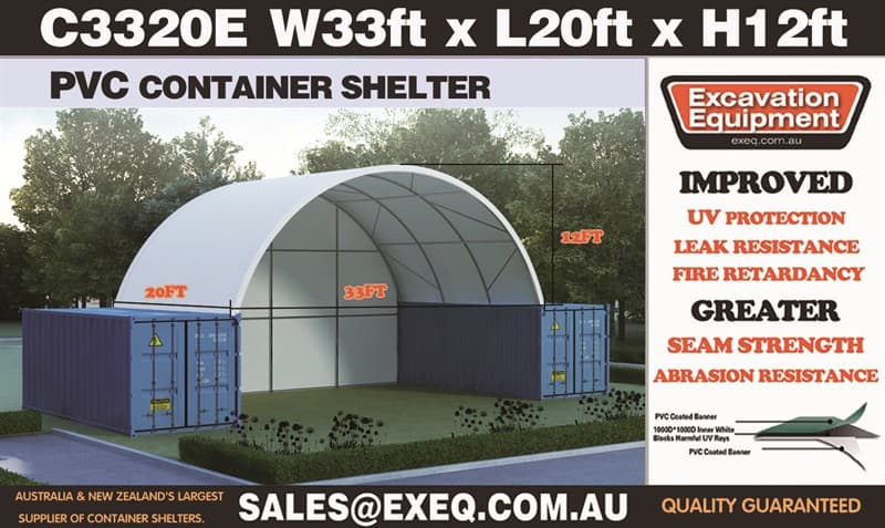 Unused Heavy duty 20ft Container Shelter with End Wall, Model: C3320E, 20ft long x 33ft wide x 12ft high, Heavy duty PVC fabric, galvanised …