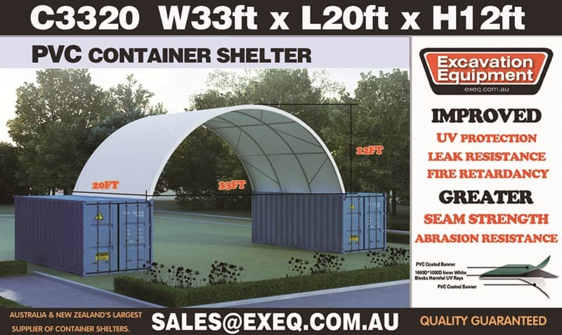 Unused Heavy duty 20ft Container Shelter, No End Wall, Model: C3320, 20ft long x 33ft wide x 12ft high, Heavy duty PVC fabric, Galvanised tu…
