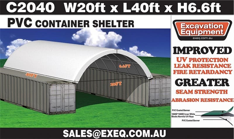 Unused Heavy duty 40ft Container Shelter, Model: C2040 - 20ft wide, No end wall, 40ft long x 6ft 6in High, Heavy duty PVC fabric, Galvanised…