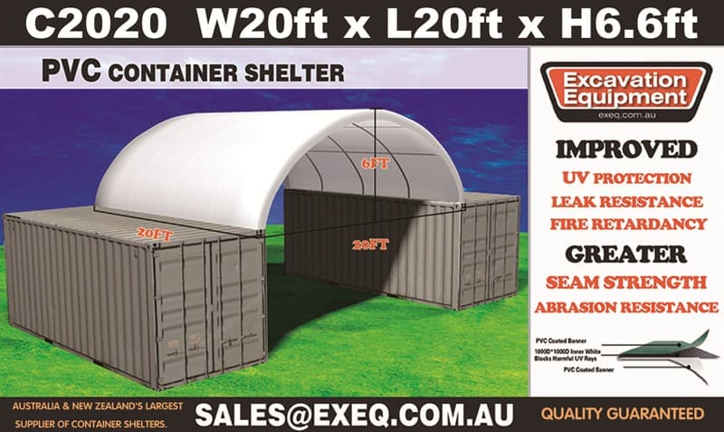Unused Heavy duty 20ft Container Shelter, Model: C2020, 20ft wide x 20ft long x 6ft 6in high container shelter, heavy duty PVC fabric, galva…