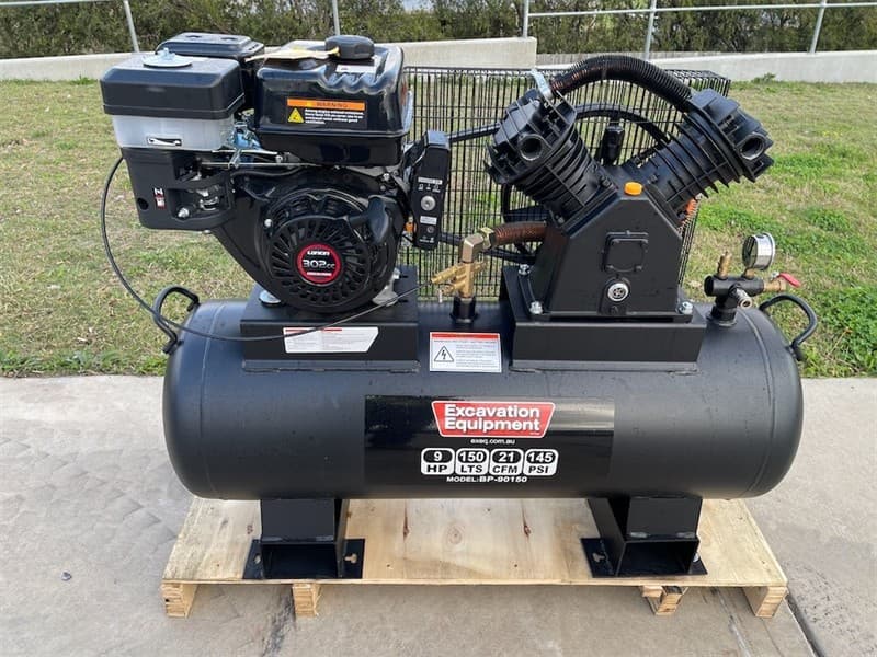 Unused 150 Litre Portable Industrial Air Compressor 9HP Petrol Engine 21 CFM 145 PSI Electric start Shipping Dimensions : 1300mm L x 450mm W…