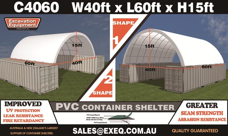 Unused Heavy Duty 40ft x 60ft Container Shelter, 40ft wide x 60ft long x 15ft high, Model: C4060, Heavy Duty PVC Fabric, Galvanised tube fra…