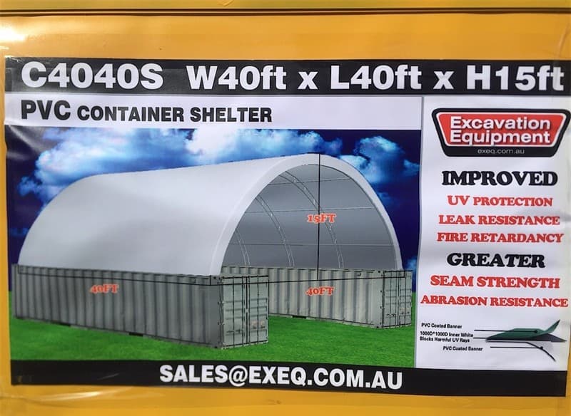 Unused Extra Heavy Duty 40ft Container shelter, Model: C4040S, 40ft wide x 40ft long x 15ft High, double trussed frame & heavy duty tarp, PV…