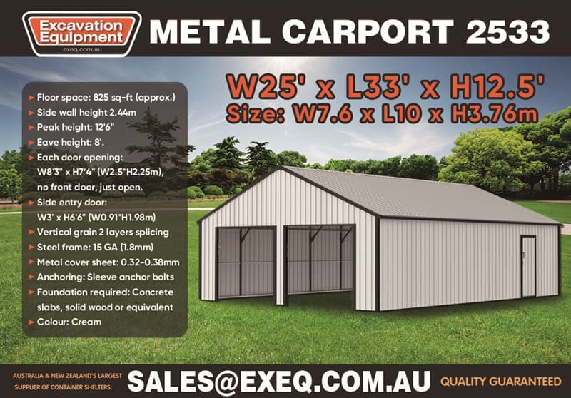 Unused 25ft x 33ft Garage / Carport, Model: 2533, 25ft Wide x 33ft Long, Colour: Cream with Black Trim, 2 x Large End Openings (No Doors) , …