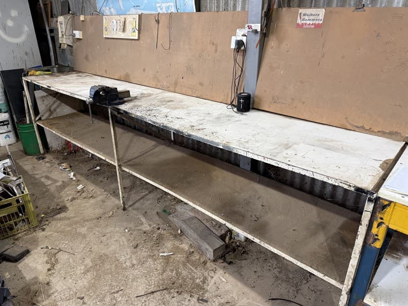WORK BENCH. L 3.48m x D 0.61m x H 0.92m. Bench vice included.GST will not be added to knock down price. GST still added to buyers premium. P…