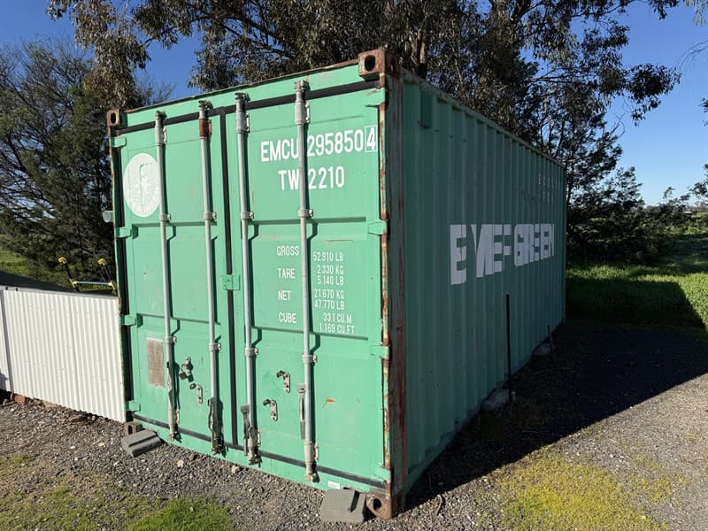 SHIPPING CONTAINER 20FT. Pipe rake attached to one side (can be cut off to be legal width for transport). Buyer to arrange removal at own co…