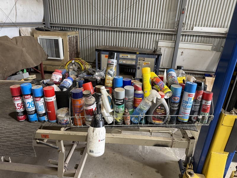 ASSORTED AEROSOL CONSUMABLES. Volumes vary, some full. Brake fluid not included. GST will not be added to knock down price. GST still added …