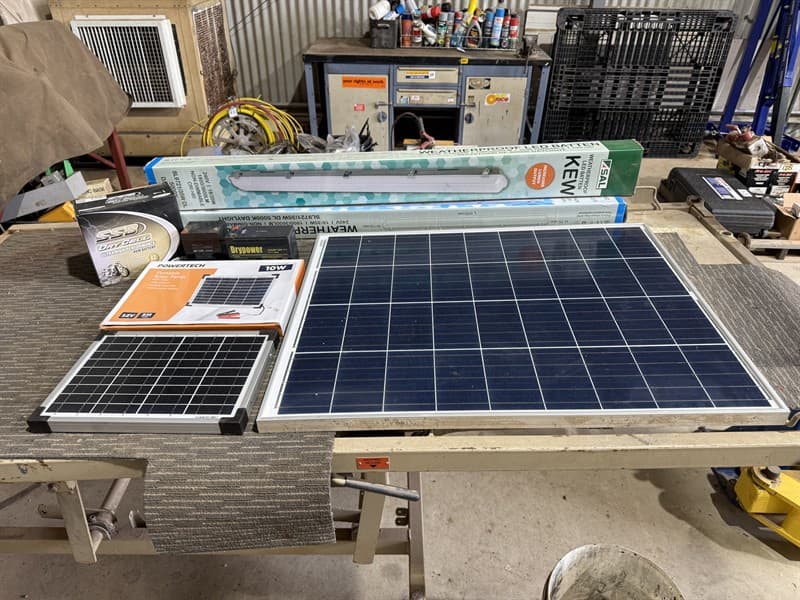 ASSORTED ITEMS. LED baton lights x 2, 10w portable solar panel, 80w solar panel, 3 x dry cell batteries (one not shown) and 1 x new dry cell…
