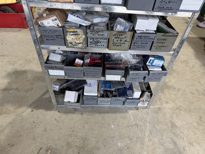 STORAGE TRAYS & CONTENTS removed from mobile service unit, contains ignition switches fuse's, fuse holder's, switches, relay's, solenoid's, …